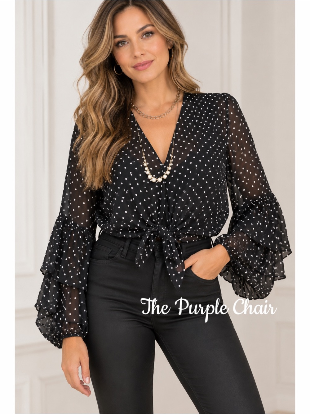 KARINA GRIMALDI NWOT Black/White Long Sleeve Polka Dot Silk Blend Top